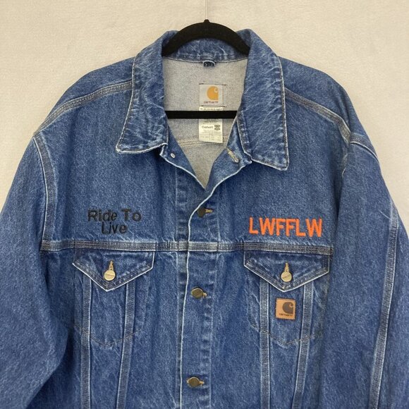 Vintage 90s Carhartt Denim Biker Jacket Mens 3XL Tall Hell On Wheels USA J12 DST - Picture 5 of 12